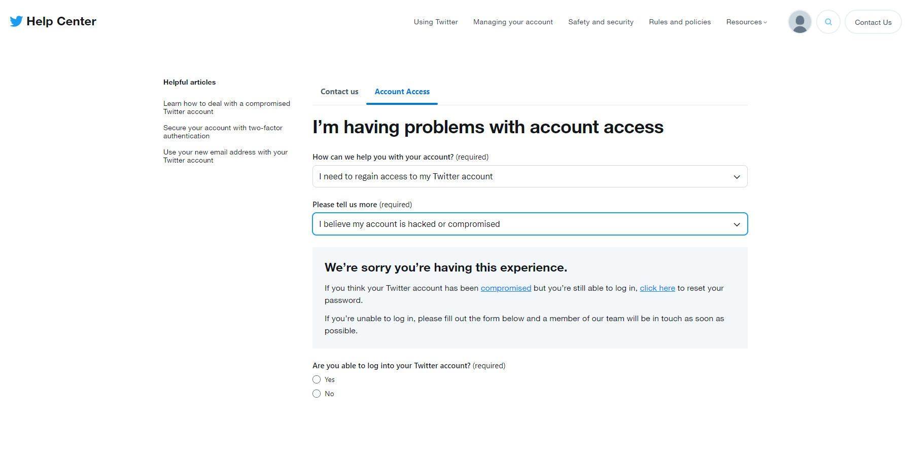 Twitter account access help page