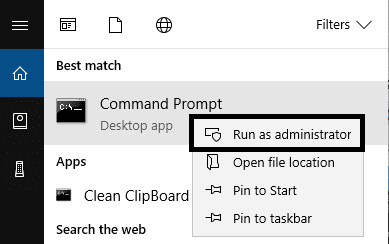 Type CMD in Windows search bar and right click on command prompt to choose run as administrator