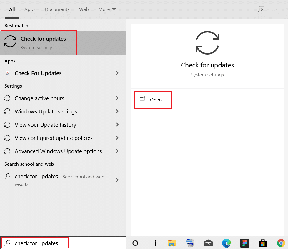 Typ Controleren op updates in de zoekbalk en klik op Openen. Fix Onbekend USB-apparaatdescriptorverzoek mislukt in Windows 10