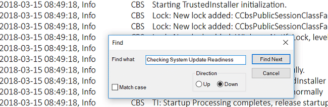 Type Checking System Update Readiness under Find what and click Find Next