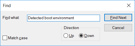 Type Detected boot environment in Find dialog box and click Find Next