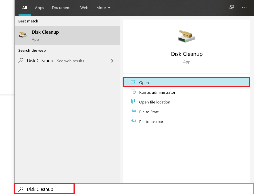 Type Disk Cleanup in the search bar, and press enter