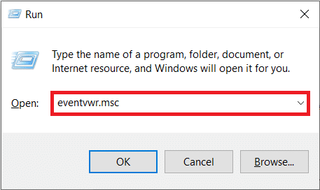 Type Eventvwr.msc in Run Command box, and click on OK to launch Event Viewer