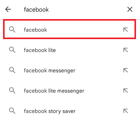 Tapez Facebook dans la barre de recherche et appuyez dessus