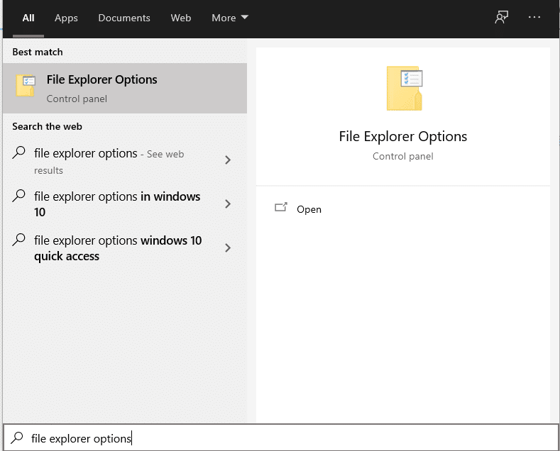 Tapez les options de l'explorateur de fichiers et ouvrez-le