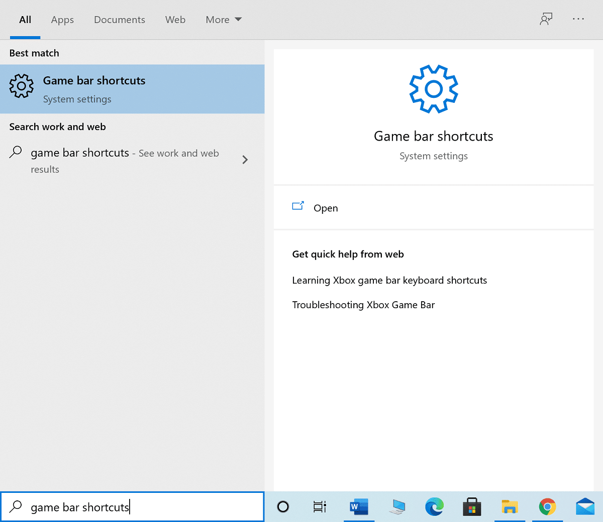 Type Game bar shortcuts in the Windows search box and launch it