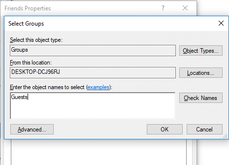 Type Guests in the Enter the object names | Create a Guest Account in Windows 10