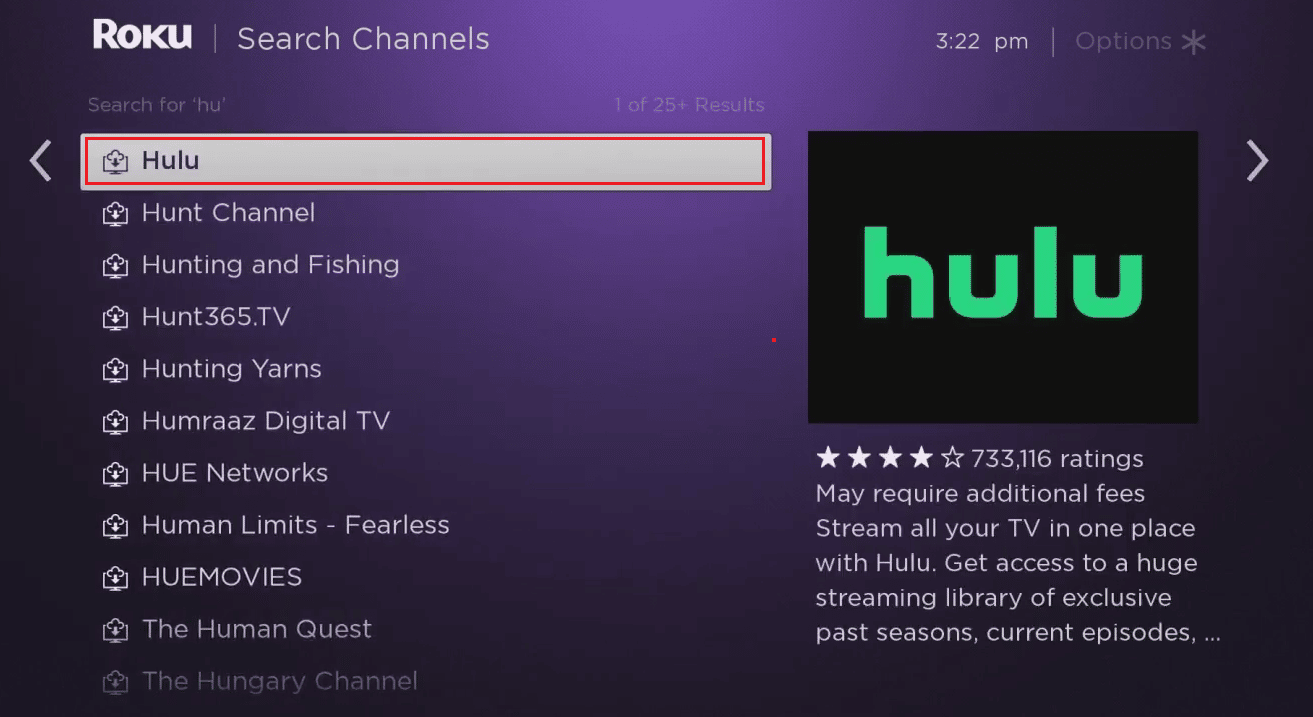 Type Hulu and select the Hulu app from the search results | How Can You Log into Hulu on Roku | access your Hulu account on your Roku TV