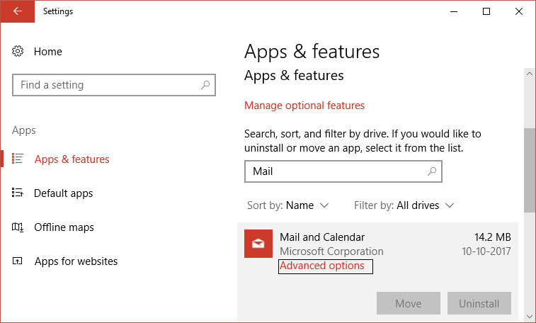 Type Mail in apps & feature search and then select Advanced options