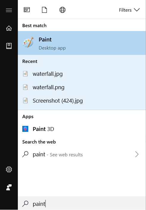 Type Paint in the Windows search and hit enter to open it
