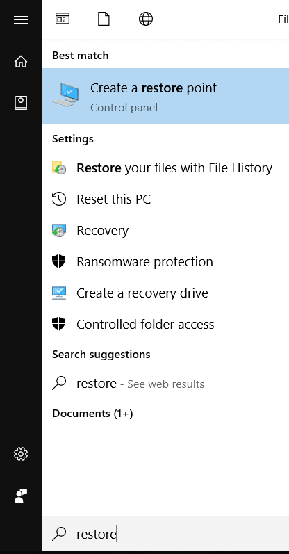 Type Restore and click on create a restore point