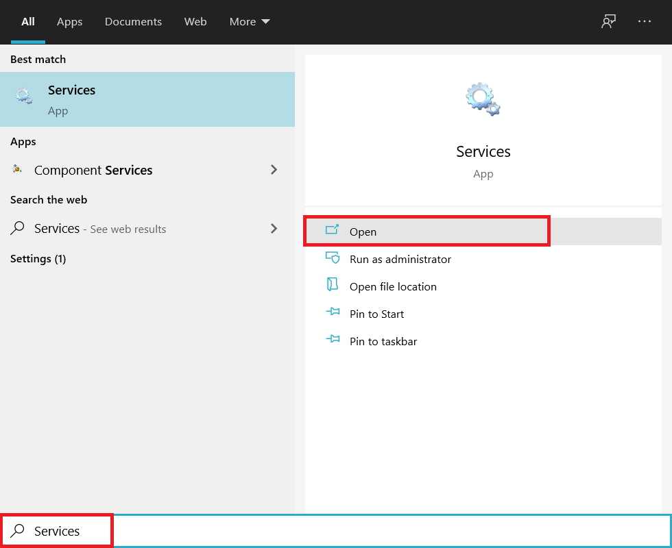 Type Services in the search bar and click on Run as Administrator