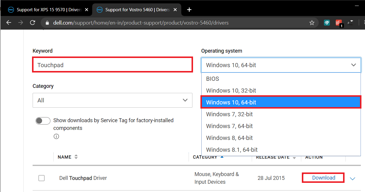 Type Touchpad in the textbox and select your OS, system architecture