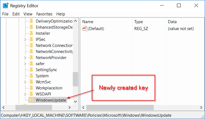 Type WindowUpdate as the name of the key which you just created
