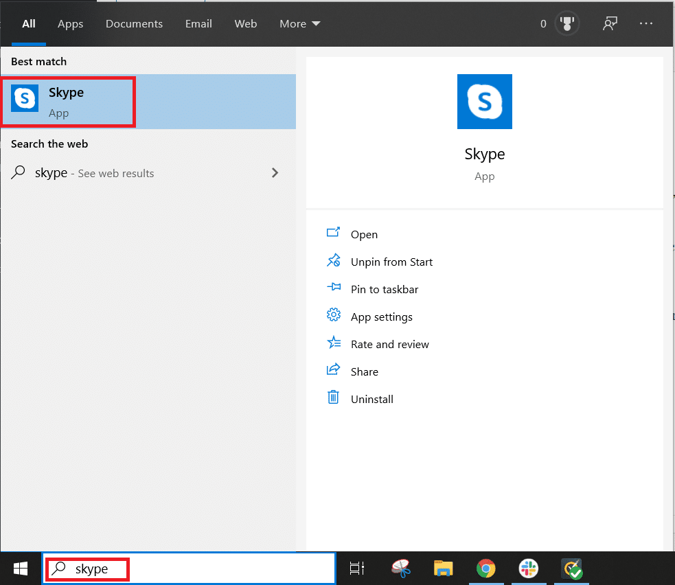 Type and search for Skype in the Start Menu Search Bar. Click on the search result appeared.