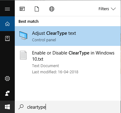 Type cleartype in Windows Search then click on Adjust ClearType text