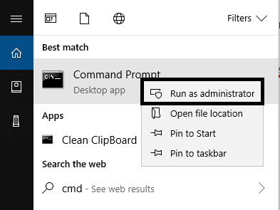 Type cmd in Windows search box and select command prompt with admin access