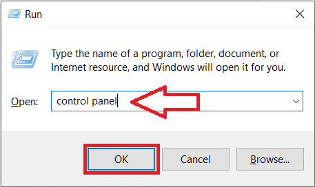 Type control or control panel in the textbox and click on OK