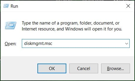 Type diskmgmt.msc command in Open field and click OK