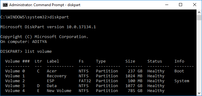 Type diskpart and list volume in cmd window | How to Delete a Volume or Drive Partition in Windows 10