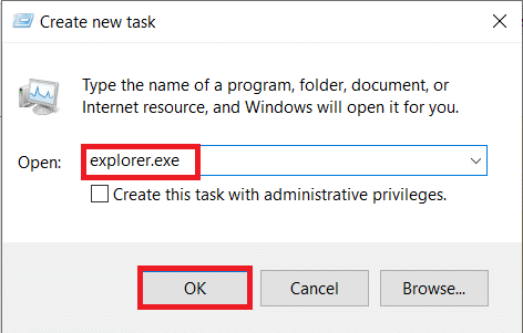 Type explorer.exe and press OK to restart the File Explorer process | Fix Taskbar Showing In Fullscreen