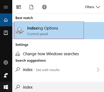 Введите index в поиске Windows, затем нажмите «Параметры индексирования».