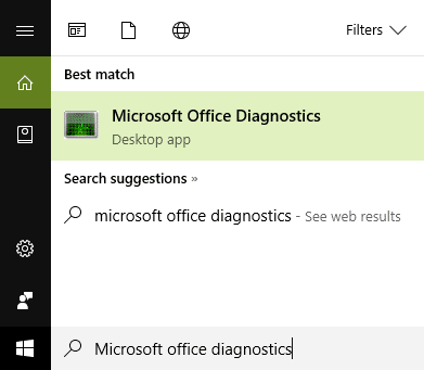 Введите в поиск Microsoft Office Diagnostics и нажмите на него.