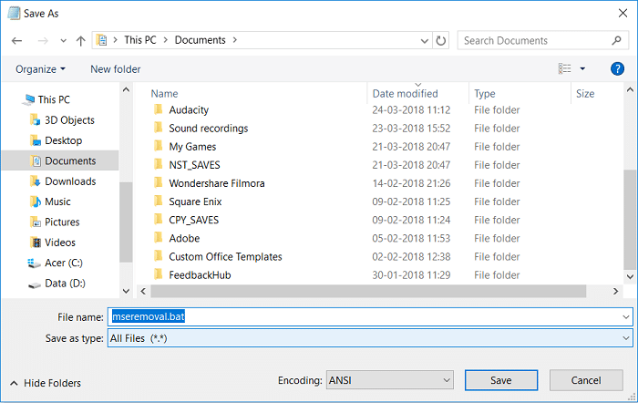 Type mseremoval.bat then select All files from save as type dropdown and click Save