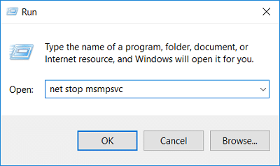 Введите net stop msmpsvc в диалоговом окне запуска.