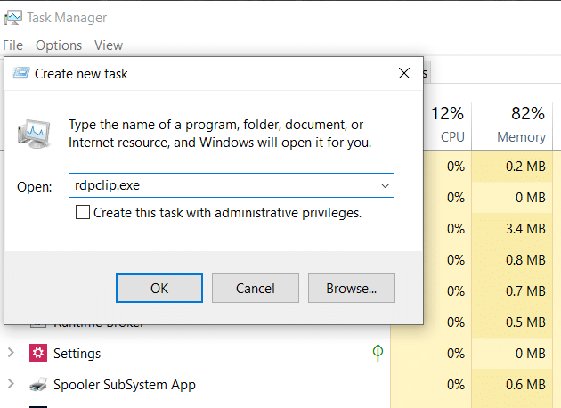input area တွင် rdpclip.exe ကိုရိုက်ထည့်ပြီး Enter ခလုတ် | ကိုနှိပ်ပါ။ Windows 10 တွင် ကော်ပီကူးထည့်ခြင်း အလုပ်မလုပ်ခြင်းကို ဖြေရှင်းပါ။