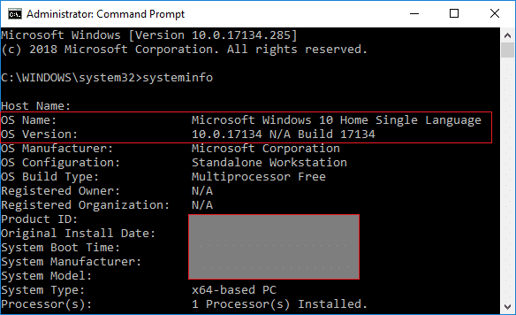 Windows 10-un Buraxılışını əldə etmək üçün cmd-də systeminfo yazın