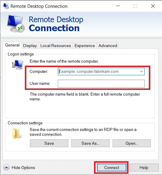 Type the User name of the remotely accessed system and click Connect. Remote Desktop Connection