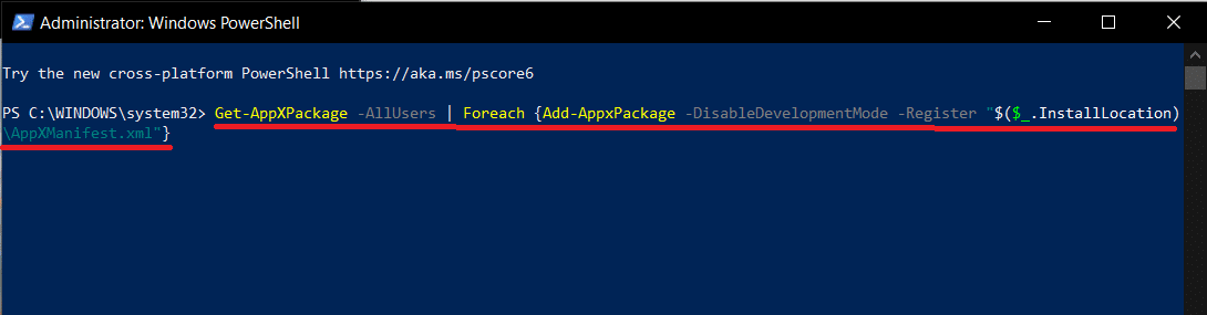 Type the command line carefully or simply copy-paste into the PowerShell window