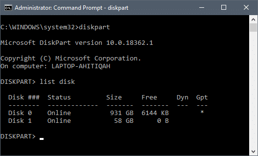 Type the command “list disk” and press enter | Format an External Hard Drive to FAT32