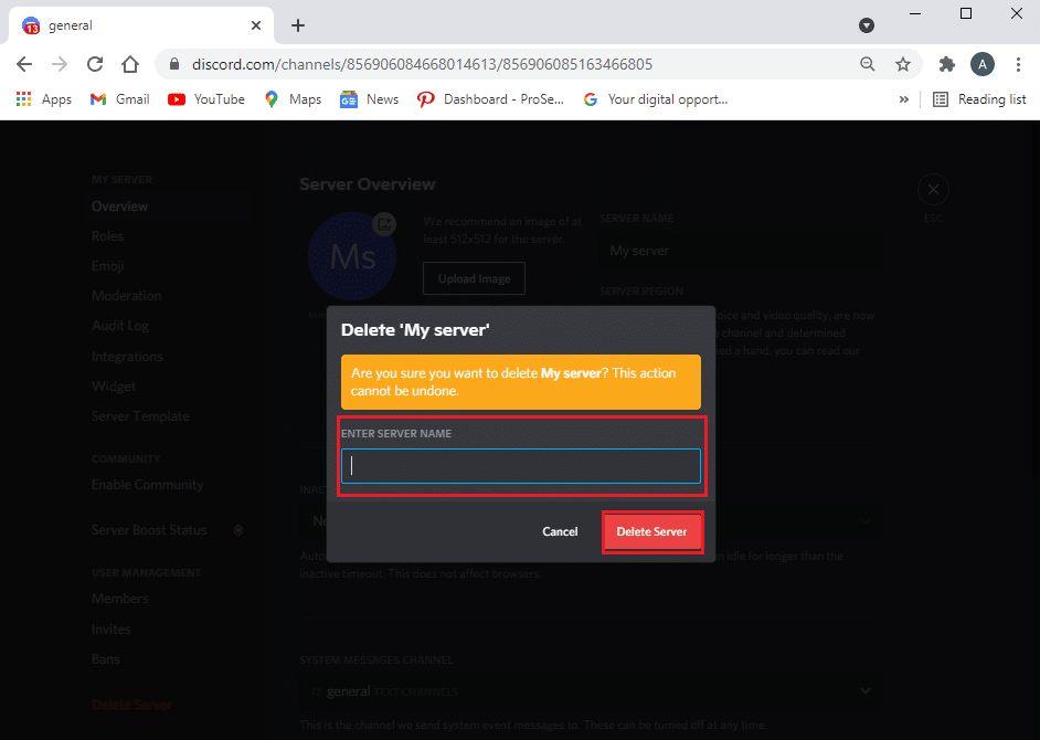 Type the name of your server and again click on Delete server