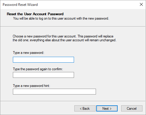Type the new password and add a hint then click Next | How to Create a Password Reset Disk in Windows 10
