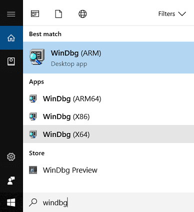 Type windbg in Windows Search then click on WinDbg (X64)