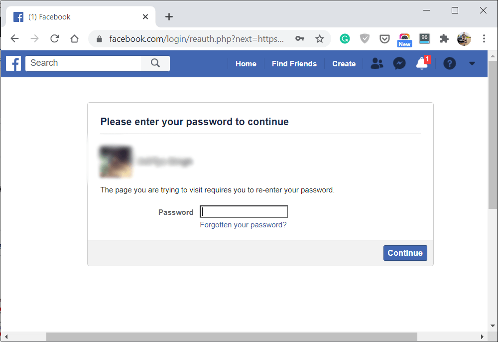 Type your Facebook Account password then click on continue