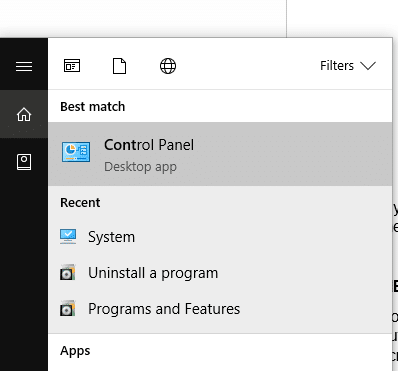 Type ‘control panel’ in the search field on your taskbar