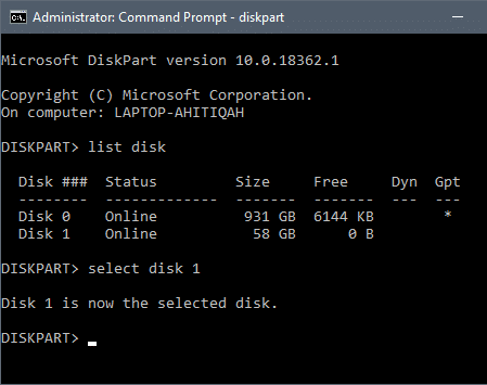 Type “select disk X” at the end replacing “X” with the drive number and press the enter