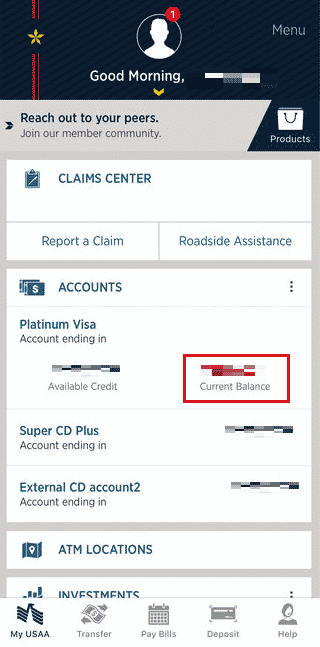 USAA mobile app. Balance mentioned in the home menu under the ACCOUNTS section