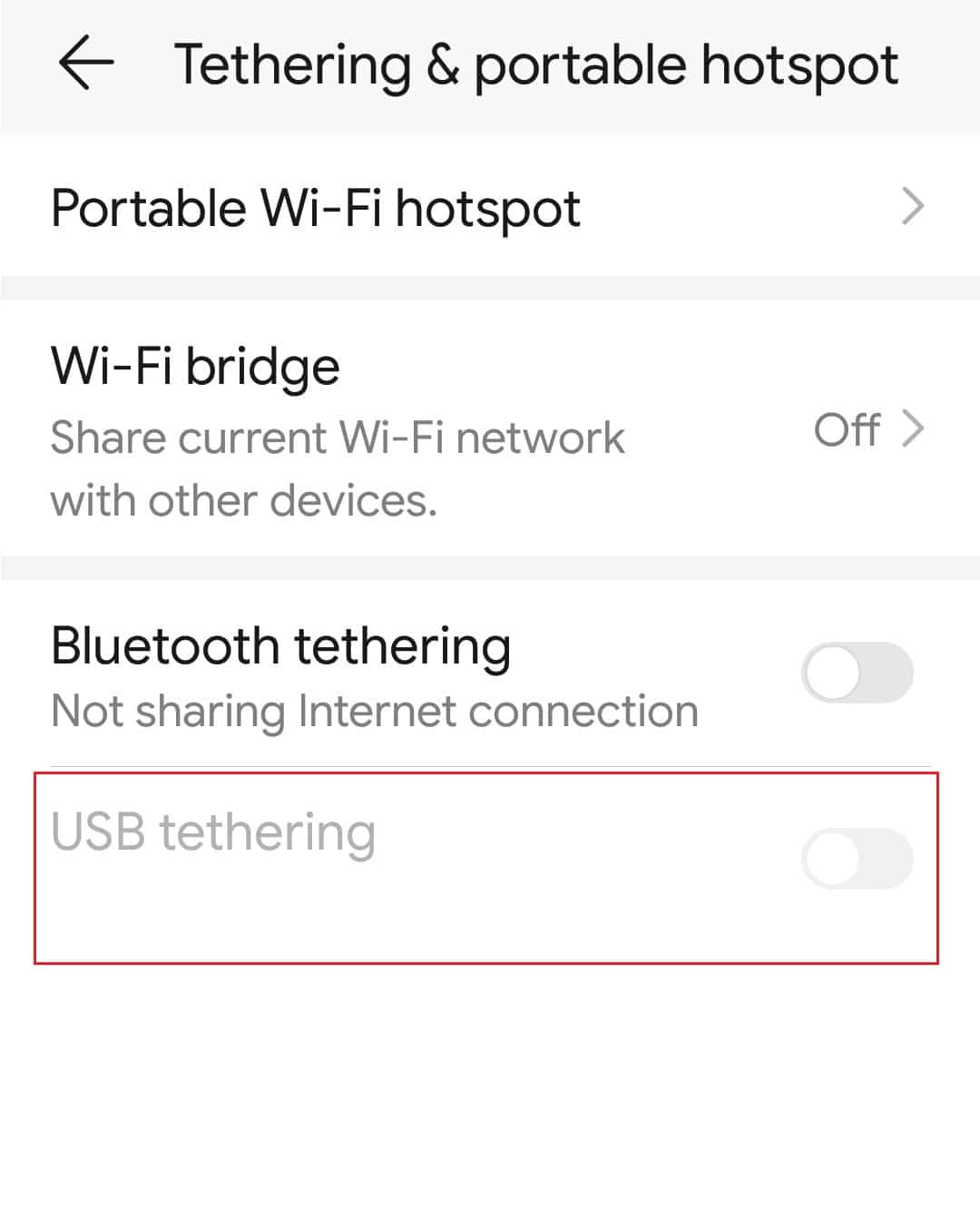 USB tethering android setting