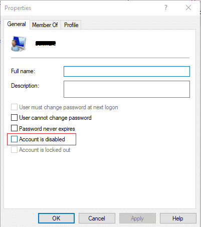 Uncheck Account is disabled in order to enable the user account | Enable or Disable User Accounts in Windows 10