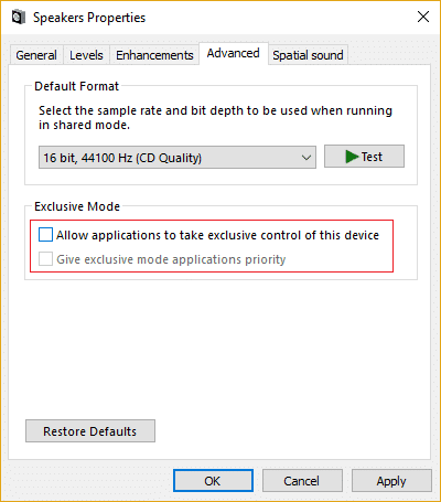 Uncheck Allow applications to take exclusive control of this device | Increase Microphone Volume in Windows 10
