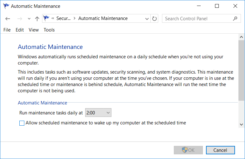 Uncheck Allow scheduled maintenance to wake up my computer at the scheduled time