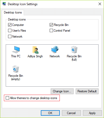 デスクトップアイコン設定でテーマによるデスクトップアイコンの変更を許可するのチェックを外します