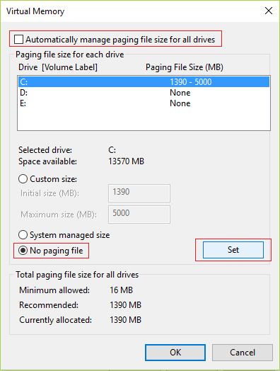 Uncheck Automatically manage paging file size for all drives and then check mark No paging file