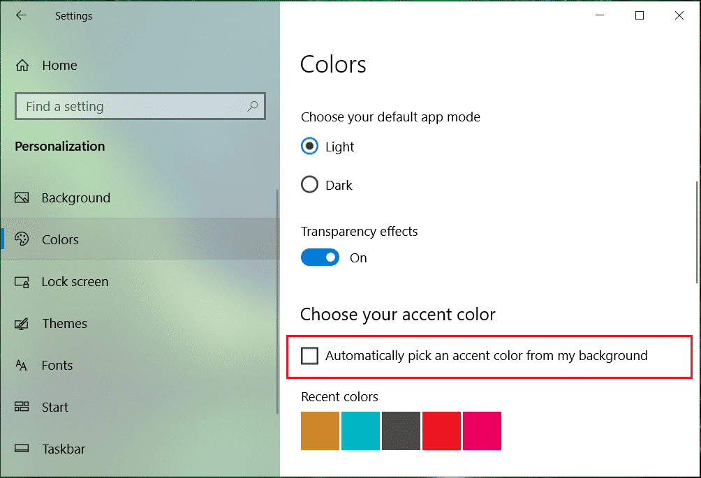 Uncheck Automatically pick an accent colour from my background | Change Color of Start Menu, Taskbar, Action Center, and Title bar in Windows 10