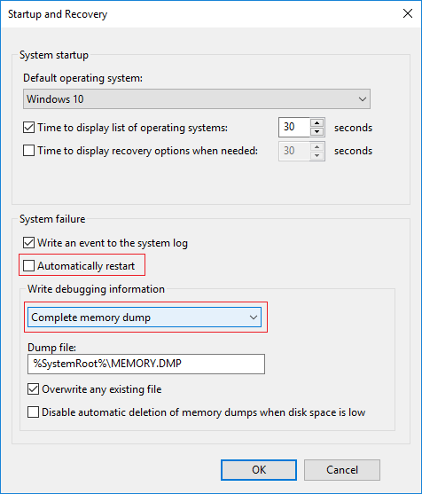 Uncheck Automatically restart then from the Write debugging information select Complete memory dump