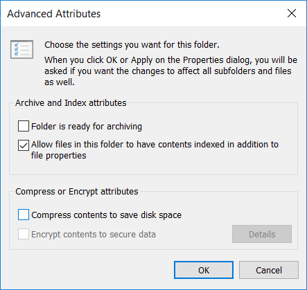 Uncheck Compress contents to save disk space and click OK